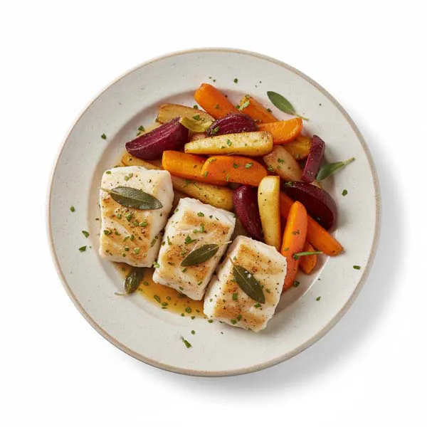 Whitefish Fillet With Brown Butter Sage And Roasted Root Vegetables